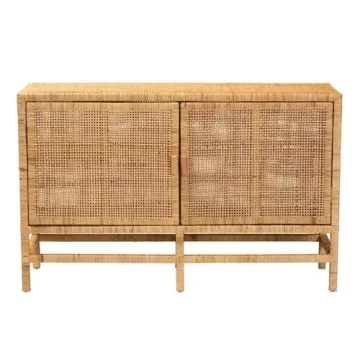 Baxton Studio Vivan Modern Bohemian Natural Brown Rattan and Mahogany Wood Storage Cabinet