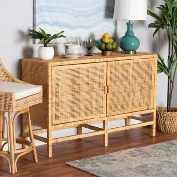Baxton Studio Vivan Modern Bohemian Natural Brown Rattan and Mahogany Wood Storage Cabinet