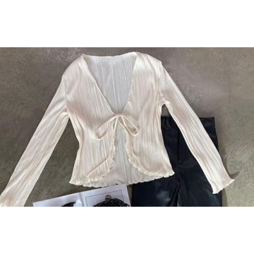 Trendy Women Bell Sleeve Deep V Neck Blouse Creamy White