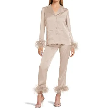 Luxurious Women's Silk Satin Pajama Set with Removable Feather Trim for Bridal Showers
