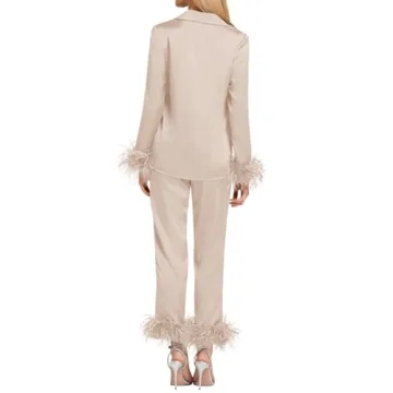 Luxurious Women's Silk Satin Pajama Set with Feathers
