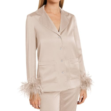 Luxurious Women's Silk Satin Pajama Set with Feathers