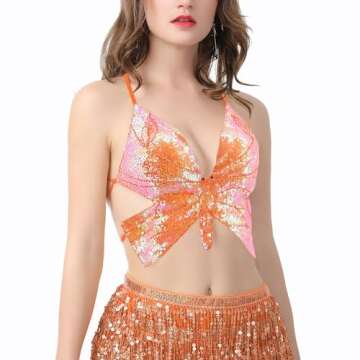 Mocure Womens Sparkly Butterfly Sequin Crop Tops Sexy Trendy Sleeveless Cute Butterfly Halter Tops Rave