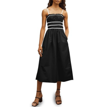 Wenrine Womens Summer Spaghetti Strap Midi Dress Sleeveless Tie Strap Contrast Color Casual Smocked ...