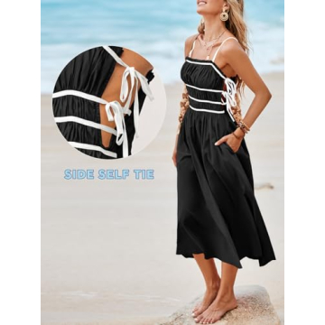 Wenrine Womens Summer Spaghetti Strap Midi Dress Sleeveless Tie Strap Contrast Color Casual Smocked Ruffle Dresses Black