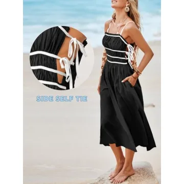 Wenrine Womens Summer Spaghetti Strap Midi Dress Sleeveless Tie Strap Contrast Color Casual Smocked Ruffle Dresses Black