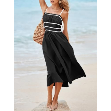 Wenrine Womens Summer Spaghetti Strap Midi Dress Sleeveless Tie Strap Contrast Color Casual Smocked Ruffle Dresses Black