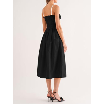 Wenrine Womens Summer Spaghetti Strap Midi Dress Sleeveless Tie Strap Contrast Color Casual Smocked Ruffle Dresses Black