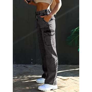 chouyatou Women's Boyfriend Multi-Pocket Cargo Jeans Y2K Streetwear Wide Leg Washed Denim Pants (Medium, Black)