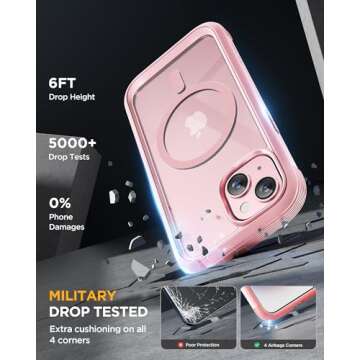 Miracase Glass Series for iPhone 15 Case [Compatible with MagSafe] Full-Body Magnetic Case with Built-in 9H Tempered Glass Anti-Fingerprint Screen Protector + Camera Lens Protector, Pink and Clear