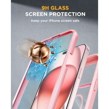 Miracase Glass Series for iPhone 15 Case [Compatible with MagSafe] Full-Body Magnetic Case with Built-in 9H Tempered Glass Anti-Fingerprint Screen Protector + Camera Lens Protector, Pink and Clear