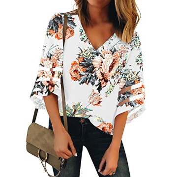 LookbookStore Women's V Neck Floral Print Mesh Panel Blouse 3/4 Bell Sleeve Loose Summer Top Shirt I...