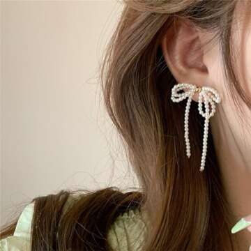 Pearl Bow Dangle Earrings Sterling Silver Post Adorable Charm Bowknot Faux White Pearl Beaded Chande...