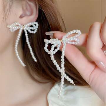 Pearl Bow Dangle Earrings Sterling Silver Post Adorable Charm Bowknot Faux White Pearl Beaded Chandelier Tassel Earrings for Women Wedding Birthday Valentine's Day Fashion Jewelry Gifts (Gold)