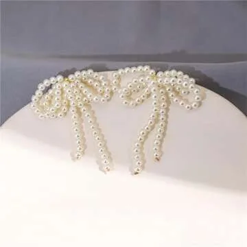 Pearl Bow Dangle Earrings Sterling Silver Post Adorable Charm Bowknot Faux White Pearl Beaded Chandelier Tassel Earrings for Women Wedding Birthday Valentine's Day Fashion Jewelry Gifts (Gold)