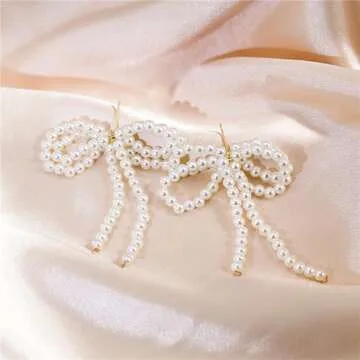 Pearl Bow Dangle Earrings Sterling Silver Post Adorable Charm Bowknot Faux White Pearl Beaded Chandelier Tassel Earrings for Women Wedding Birthday Valentine's Day Fashion Jewelry Gifts (Gold)