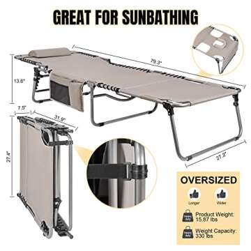 Oversized Heavy Duty Tanning Chair with Face Hole Adjustable 5-Position Folding Chaise Lounge Chairs...