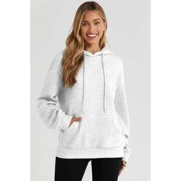 SHEWIN Womens Sweatshirt Casual Long Sleeve Drawstring Waffle Solid Hoodie Pullover Tops Loose Hooded Sweatshirts Trendy Hoodies for Women,US 8-10(M),White