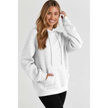 SHEWIN Womens Sweatshirt Casual Long Sleeve Drawstring Waffle Solid Hoodie Pullover Tops Loose Hooded Sweatshirts Trendy Hoodies for Women,US 8-10(M),White