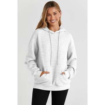 SHEWIN Womens Sweatshirt Casual Long Sleeve Drawstring Waffle Solid Hoodie Pullover Tops Loose Hooded Sweatshirts Trendy Hoodies for Women,US 8-10(M),White
