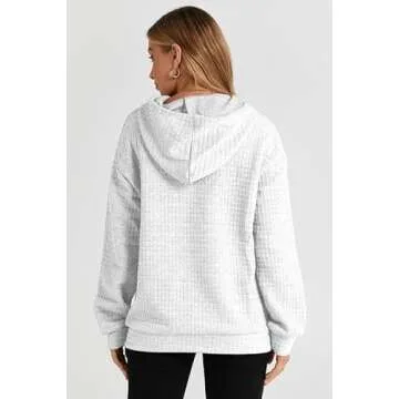 SHEWIN Womens Sweatshirt Casual Long Sleeve Drawstring Waffle Solid Hoodie Pullover Tops Loose Hooded Sweatshirts Trendy Hoodies for Women,US 8-10(M),White