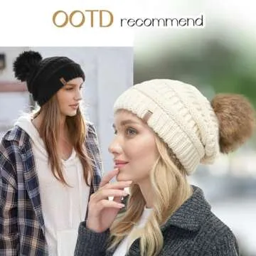 FURTALK Winter Knit Slouchy Beanie with Faux Fur Pom Pom