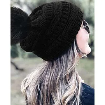 FURTALK Winter Knit Slouchy Beanie with Faux Fur Pom Pom