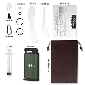 MoKo Portable Water Filter for Camping Hiking, Emergency Water Purifier Survival, with Internal Carbon and Ultra Filter Assembly, Matte Finish Army Green
