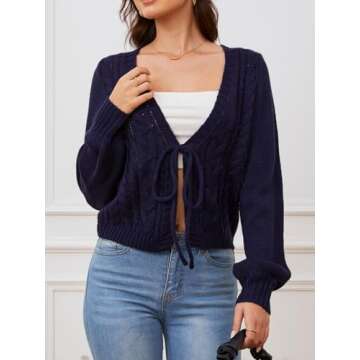 SOLY HUX Women's Tie Front Cardigan Sweaters Long Sleeve Bow Sweater Fall Winter Trendy Outerwear Tops Dark Blue Small