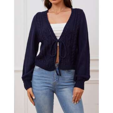 SOLY HUX Women's Tie Front Cardigan Sweaters Long Sleeve Bow Sweater Fall Winter Trendy Outerwear Tops Dark Blue Small