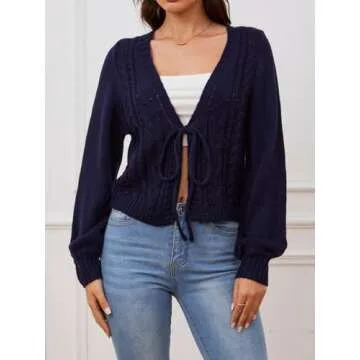 SOLY HUX Women's Tie Front Cardigan Sweaters Long Sleeve Bow Sweater Fall Winter Trendy Outerwear Tops Dark Blue Small