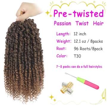 Bileaf Pre-twisted Passion Twist Crochet Hair for Women Girls Crochet 12 Inch Ombre Passion Twist Hair, Boho Passion Twists Hair Pre Looped Crochet Passion Twist Braids 8 Packs T30