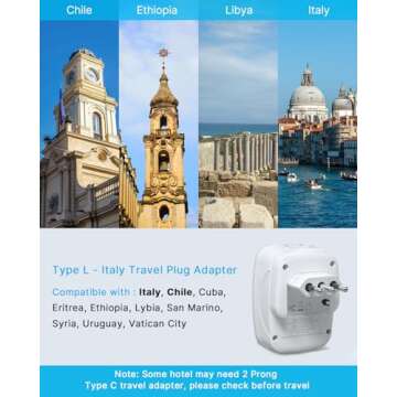 2 Pack Italy Travel Plug Adapter, VINTAR Foldable Italy Power Adapter with 2 AC Outlets 1 USB and 2 USB C Ports, 3 Prong Grounded Type L Plug Adapter for US to Italy Rome Uruguay Chile