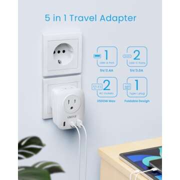 2 Pack Italy Travel Plug Adapter, VINTAR Foldable Italy Power Adapter with 2 AC Outlets 1 USB and 2 USB C Ports, 3 Prong Grounded Type L Plug Adapter for US to Italy Rome Uruguay Chile