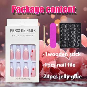 Valentine's Day Short Almond Fake Nails - Romantic Heart Design - 24 Pcs