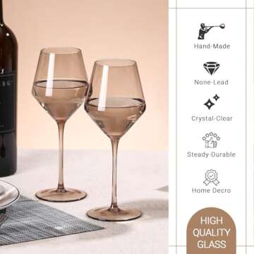 Colorsavant Smokey Sand Wine Glasses Set 6-16oz, Long Stem, Universal Size for White and Red Wine - Hand Blown Smoky Amber Brown Neutral Stemware for Home,Party