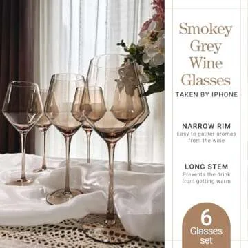 Colorsavant Smokey Sand Wine Glasses Set 6-16oz, Long Stem, Universal Size for White and Red Wine - Hand Blown Smoky Amber Brown Neutral Stemware for Home,Party
