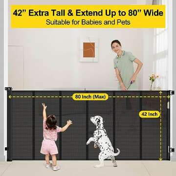 Reinforced 42” Extra Tall x 80” Wide Retractable Baby Gates with Rods to Prevent Crawling Through, Extra Tall Pet Gate for Large Openings Indoor Long Mesh Dog Gate for Stairs and Doorways, Black
