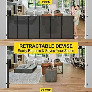 Reinforced 42” Extra Tall x 80” Wide Retractable Baby Gates with Rods to Prevent Crawling Through, Extra Tall Pet Gate for Large Openings Indoor Long Mesh Dog Gate for Stairs and Doorways, Black