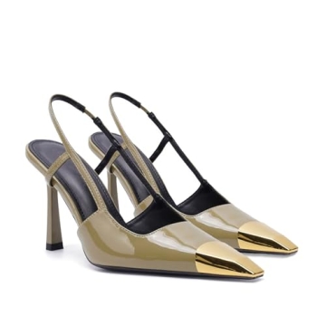 THESHY Womens Slingback High Heels Metal Pointed Toe Leather High Stiletto Heel Pumps Slip on Elasti...