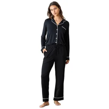 Cozy Earth 100% Viscose From Bamboo Long Sleeve Pajama Set For Women - Button-Up Sleepwear Black