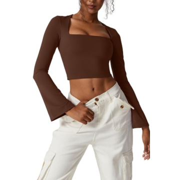 Meyeeka Crop Top Long Sleeve T Shirts for Women - Square Neck Stylish Cropped Top in Brown