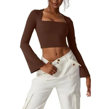 Meyeeka Crop Top Long Sleeve T Shirts for Women - Square Neck Stylish Cropped Top in Brown