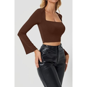 Meyeeka Long Sleeve Square Neck Crop Top for Women