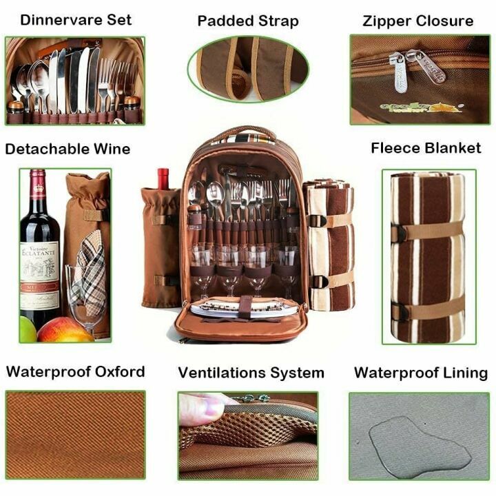 Hap Tim Picnic Backpack Bag for 4 Person with Cooler Compartment, Detachable Bottle/Wine Holder, Fleece Blanket, Plates and Cutlery Set Perfect for Outdoor, Sports, Hiking, Camping, BBQs(Coffee)