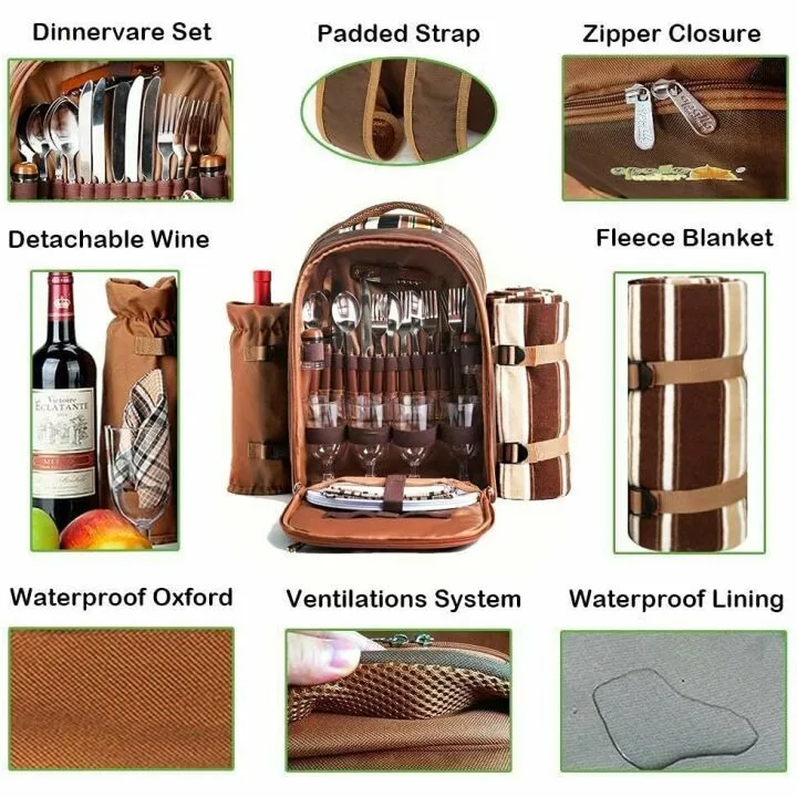 Hap Tim Picnic Backpack Bag for 4 Person with Cooler Compartment, Detachable Bottle/Wine Holder, Fleece Blanket, Plates and Cutlery Set Perfect for Outdoor, Sports, Hiking, Camping, BBQs(Coffee)