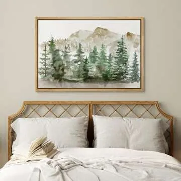 wall26 Framed Canvas Print Wall Art Watercolor Mountain Forest Landscape Nature Wilderness Illustrations Modern Rustic Scenic Colorful for Living Room, Bedroom, Office - 24x36 Natural