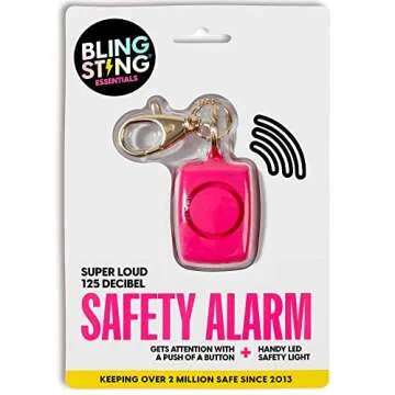 BLINGSTING Mini Personal Safety Alarm - 125 Decibel Self Defense Panic Alarm with Recessed Activation Button, LED Light & Keychain Clip - Pink Soft Touch