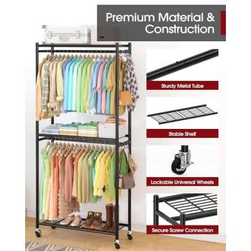 Sakugi Heavy-Duty Clothes Rack - 33.0" x 12.2" x 74.2" Clothing Rack with Shelves & Wheels, Multi-Functional Wardrobe Closet with Hooks, Sturdy Metal Garment Rack for Bedroom, Laundry, Balcony (Black)