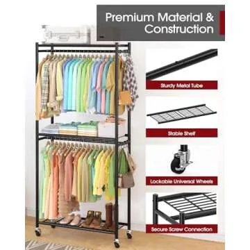Sakugi Heavy-Duty Clothes Rack - 33.0" x 12.2" x 74.2" Clothing Rack with Shelves & Wheels, Multi-Functional Wardrobe Closet with Hooks, Sturdy Metal Garment Rack for Bedroom, Laundry, Balcony (Black)